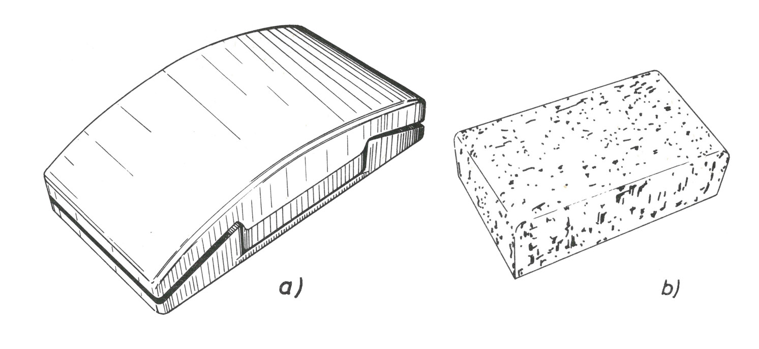 A kézi csiszolás segédeszközei. a) gumiból készült bepattintós csiszolópapír-tartó idom (méretei: 120*70*35 mm, tömege: ~0,26 kg); b) csiszolópapír-, ill. vászontartó parafatuskó (méretei: 100-120*60-70*35 mm, tömege: ~0,05-0,06 kg).